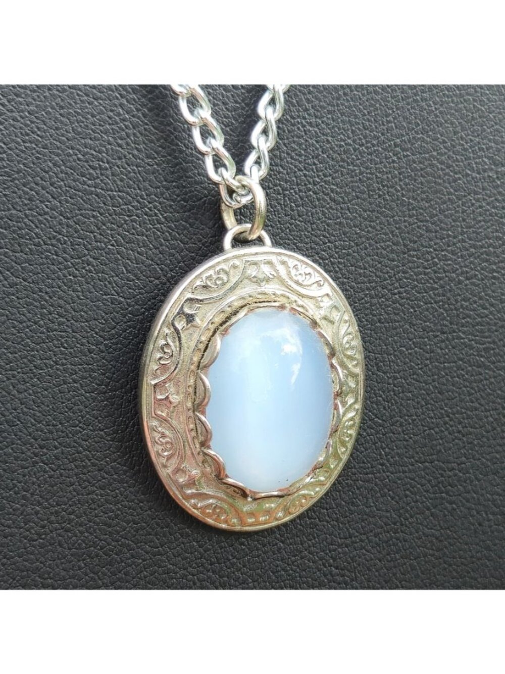 Vintage Necklace Oval Blue Chalcedony Pendant Ornate Etched Design  Silver tone